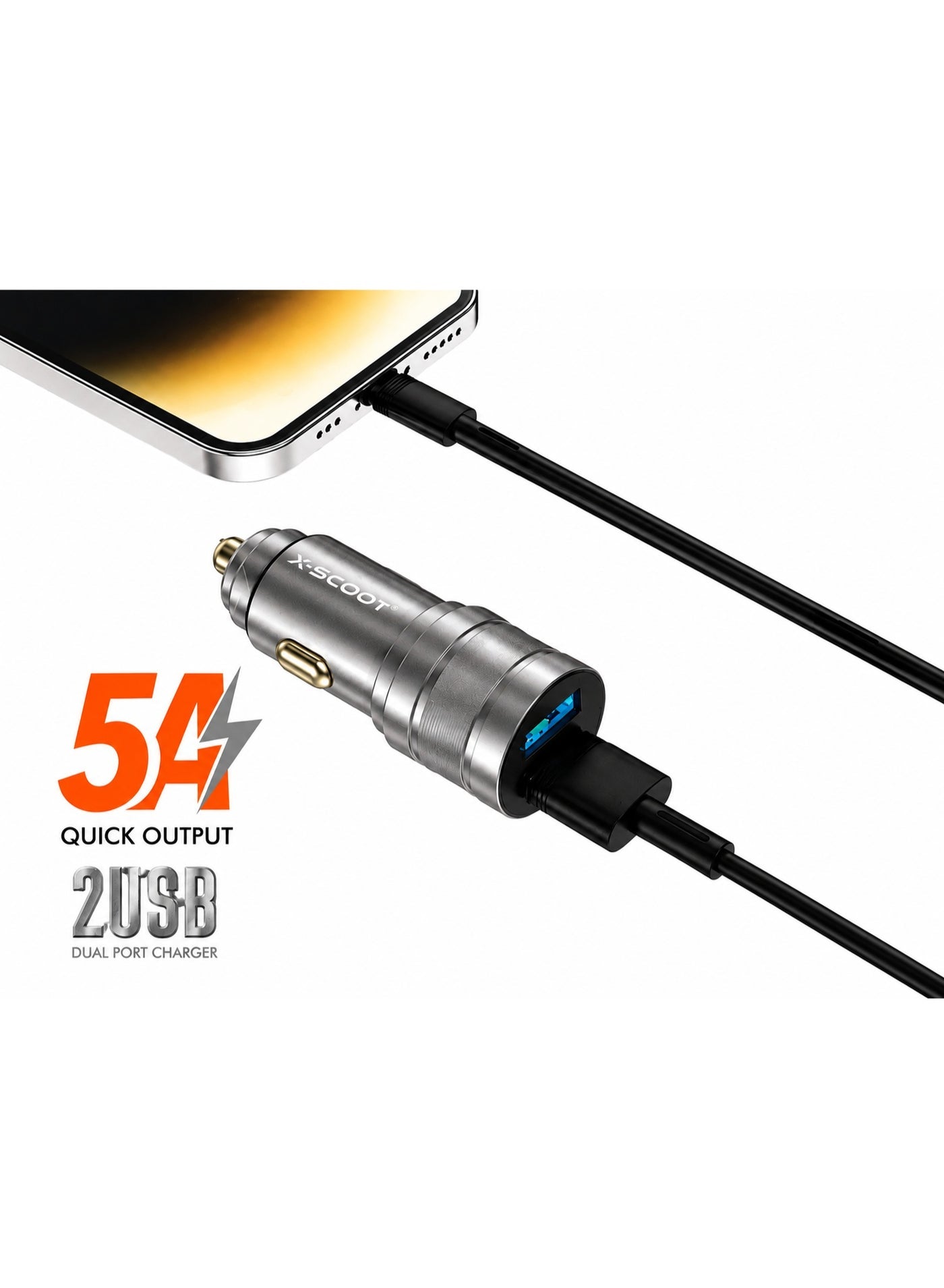 XC-308 Dual USB Car Charger – 5A Fast Charging, 2 USB Ports, DC 5V/5A Output, LED Indicator, Compact Design, Stable Powe