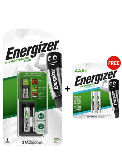حزمة شاحن صغير Energizer مع بطاريات AA وبطاريات AAA