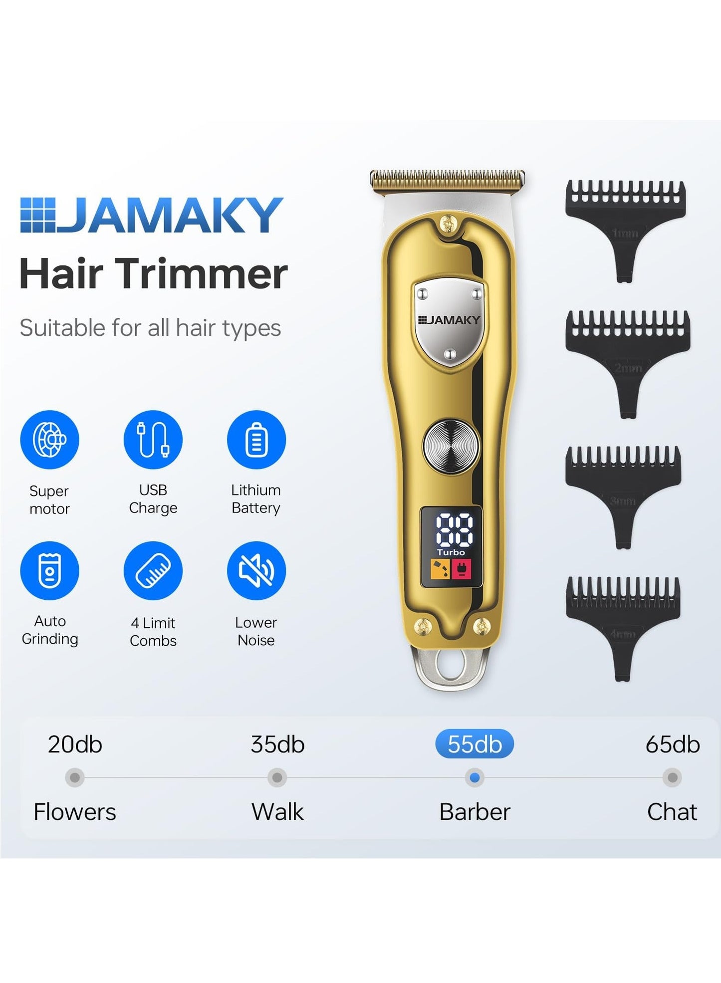 JAMAKY Italy High Performance Beard & Mustache Trimmer for Men with Italian technology - Cordless and Powerful Neck & Hair Trimmer, Stainless Steel Blades with 4 Combs, 100 Min Runtime, Ideal for Barbers & Travel