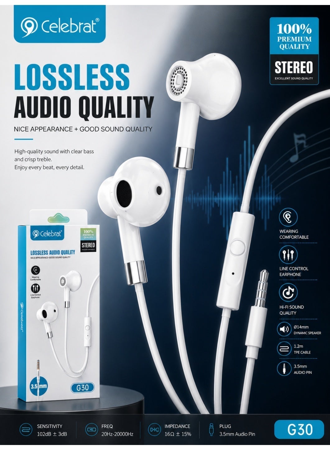 G30 Wired In-Ear Earphones – Clear Stereo Sound Quality, Built-in Microphone for Hands-Free Calls, 1.2m Flat Tangle-Resi