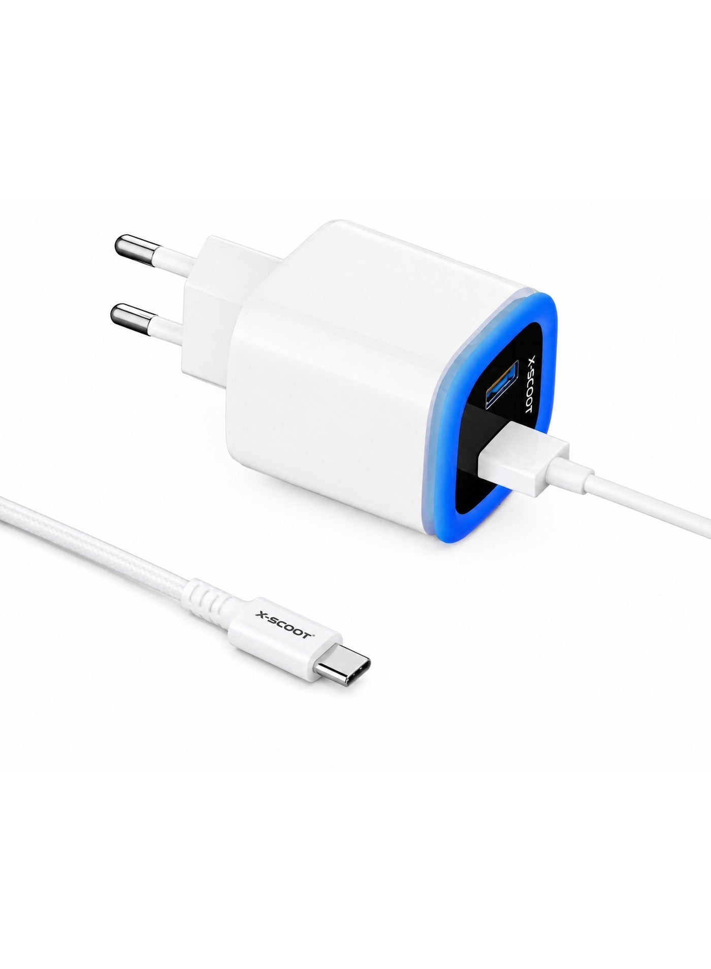 CH-221 Dual USB Wall Charger – DC 5V/2.4A Fast Charging,Type-C Cable, EU Plug, Intelligent Safety Protection, Compact Tr