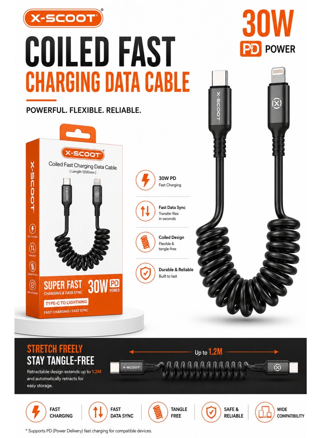 CL-156 30W PD Coiled USB-C to Lightning Fast Charging & Data Cable, 1.2M Retractable Spiral Cord, Aluminum Alloy Connect