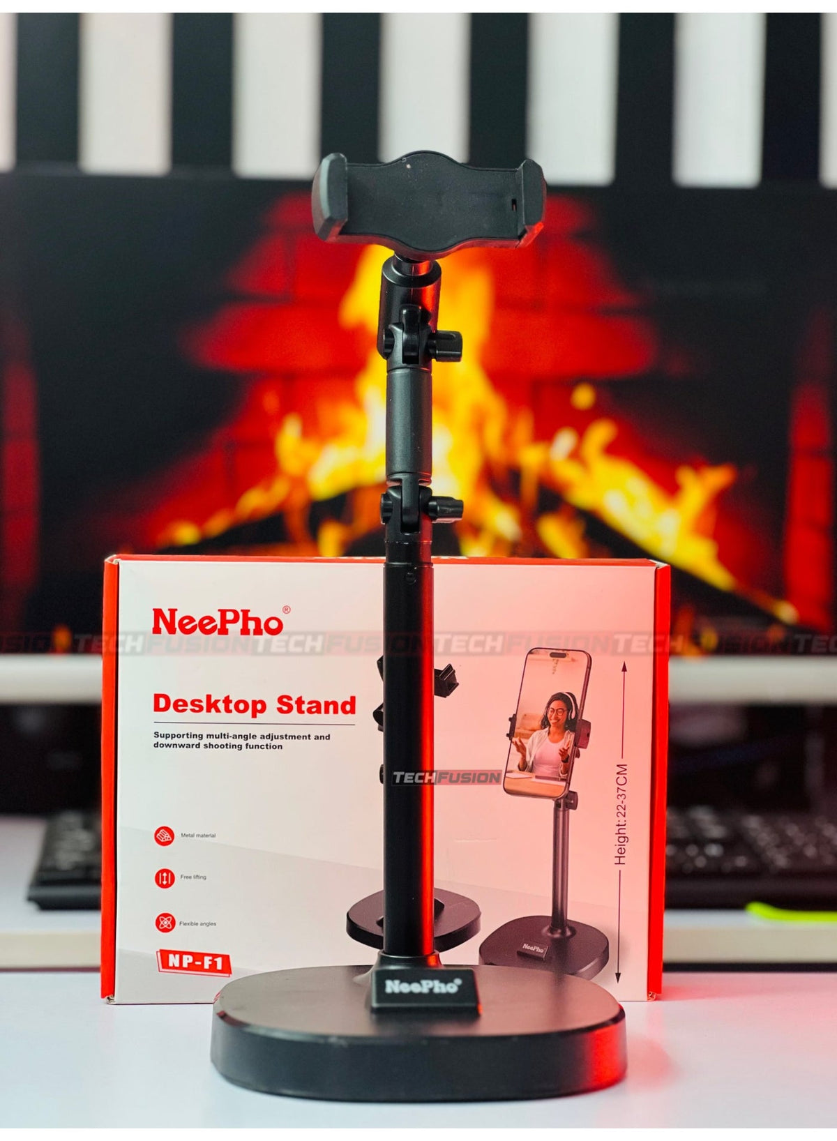 Desktop Phone & Tablet Stand – Adjustable Height (22–37 cm),  Stable Metal Base for Calls, Viewing & Recording – Black