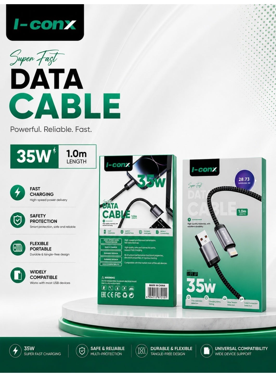 كابل شحن I-conx i91iP قوة 35W طول 1m منفذ Lightning أسود