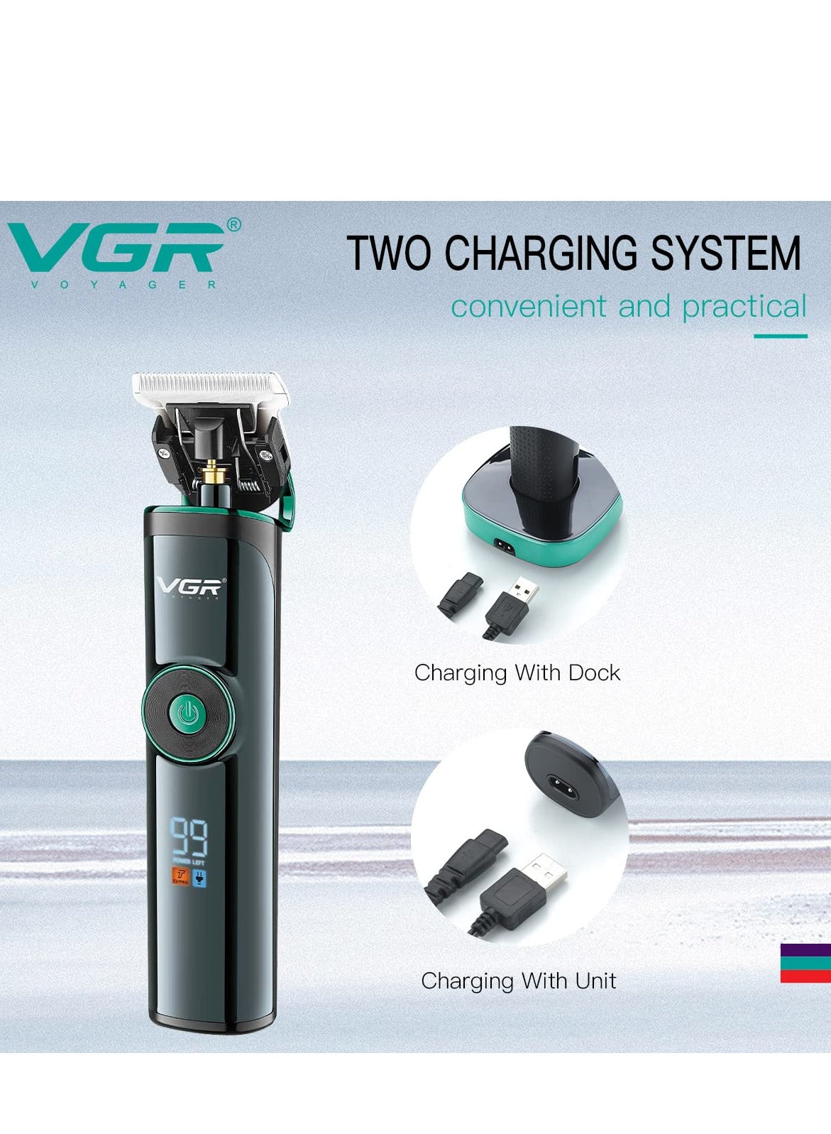 VGR V-671 Salon Series Professional Digital Display Cordless Hair Clipper with Dual motor Beard Trimmer for Men Rechargeable Li-ion Battery 2500mAh 400 minutes Runtime USB Powered Charging Pod & Stand