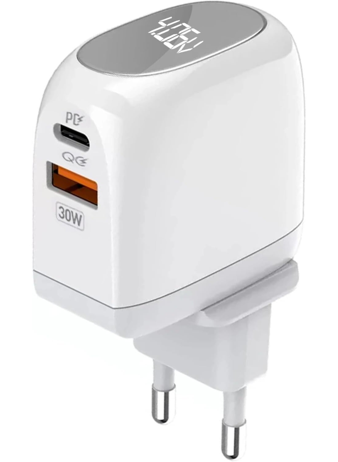 A2522C Super Fast Wall Charger 30W with Dual Ports (USB + Type-C), PD & QC 3.0 Quick Charge Technology, LED Power Displa