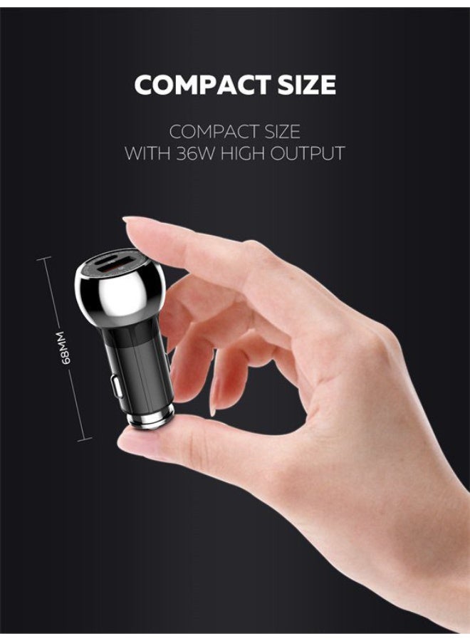 C1 36W Super Fast Car Charger with Lightning Cable, USB-C PD & QC4+ Dual Port Car Charger, Zinc Alloy Fast Charging Car 
