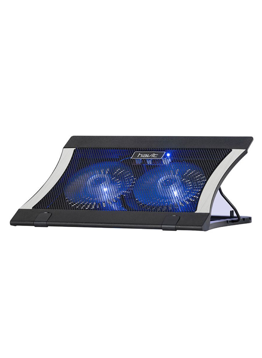 havit Gaming Cooling Pad Model F2051 Voltage range 5V 17 inch laptop , With A Revolving Speed Of 1000RPM , Ergonomic Design And Flat Structure , Dual USB Charging Supported