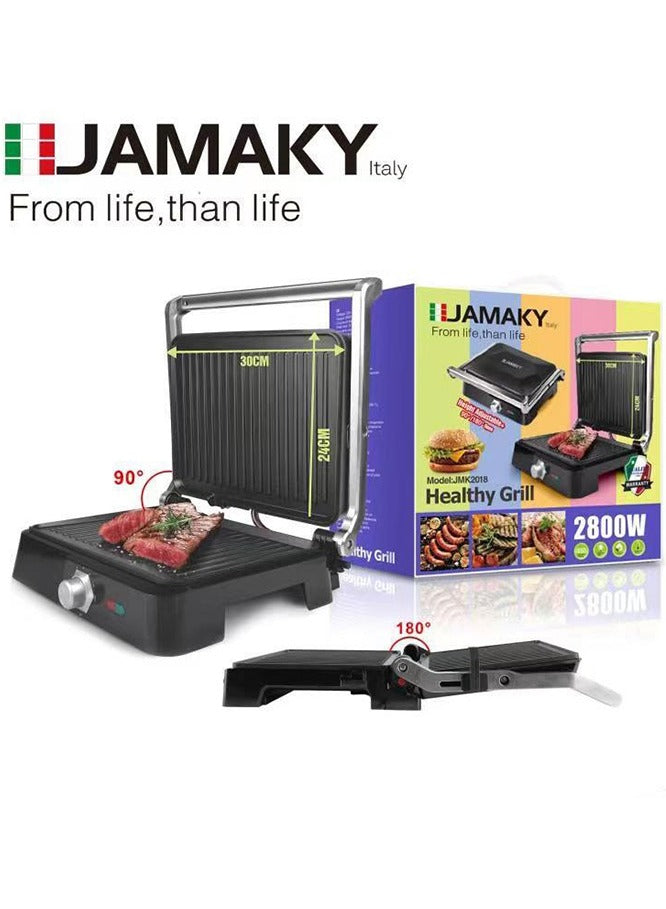 JAMAKY Italy Electric grill with Italian technology for delicious barbecue meals, 2800-watt ,JMK2018 , Convenient and easy-to-use , features a non-stick coating, adjustable temperature settings, and a drip tray. Allows 90 degrees and 180 degrees heating