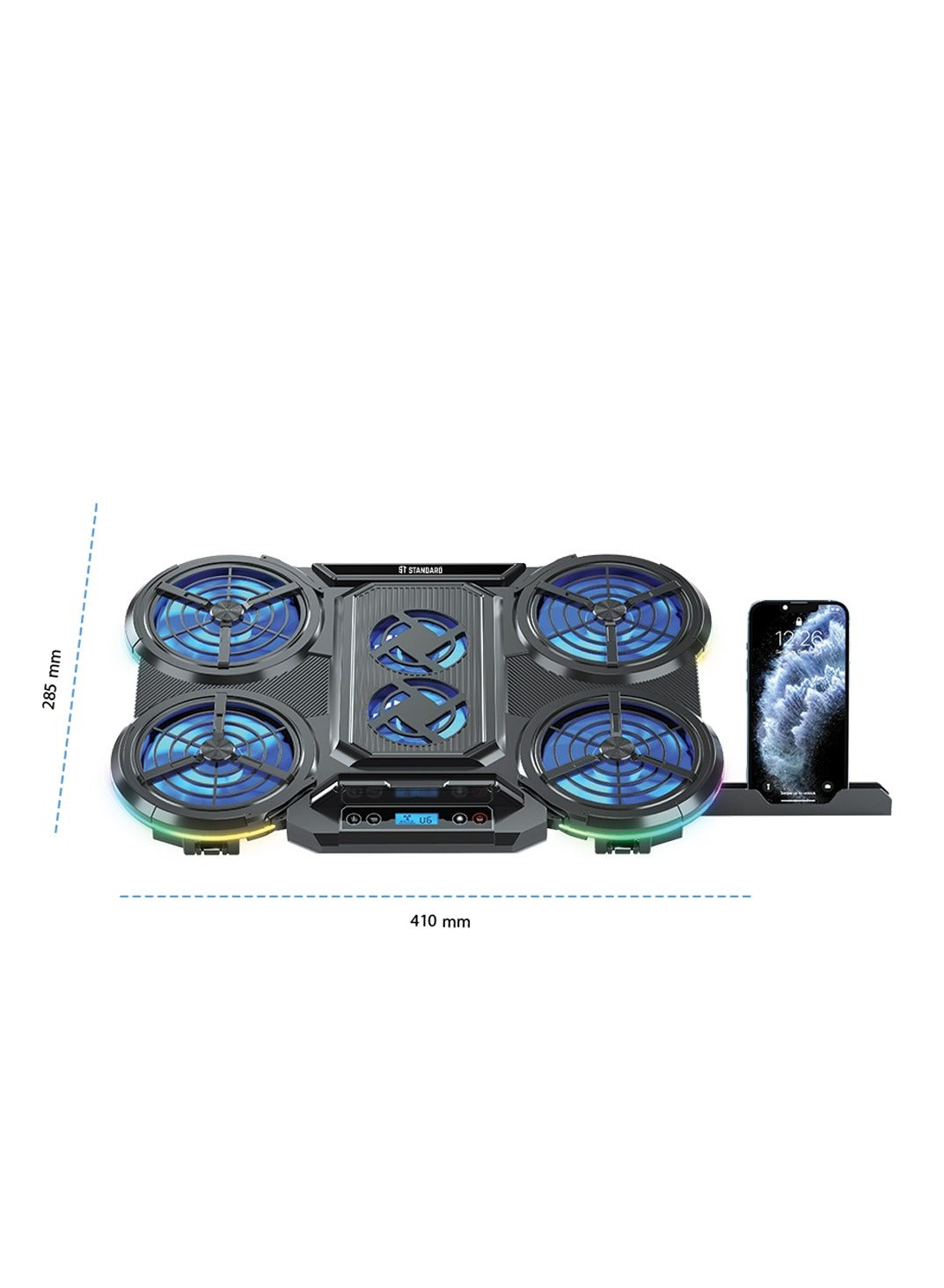 Standard Laptop Cooler Support ICE-08 With 10 RGB Lighting Modes , LCD Screen - With blue Led of fans , 2USB ports & 7 Levels And mobile phone holder ( 410x285x40mm )