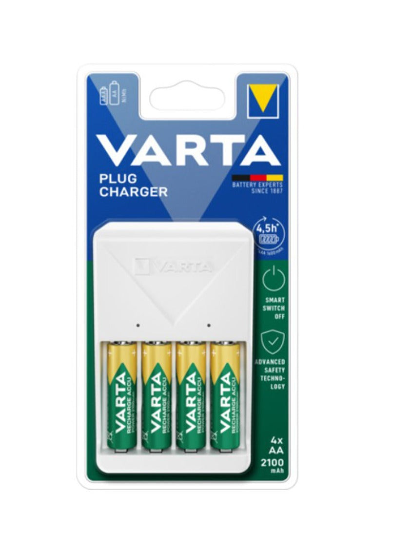 VARTA Plug Charger , 240V , comprises 4 charger models compatible with 2 or 4 rechargeable batteries in all common sizes AAA, AA, C, D and 9V