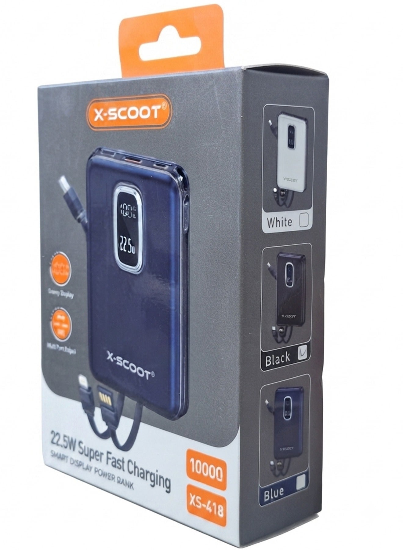 XS-418 Fast Charging Power Bank 10000mAh 22.5W – Portable Battery Pack with Built-in Multi Charging Cables, LED Digital 