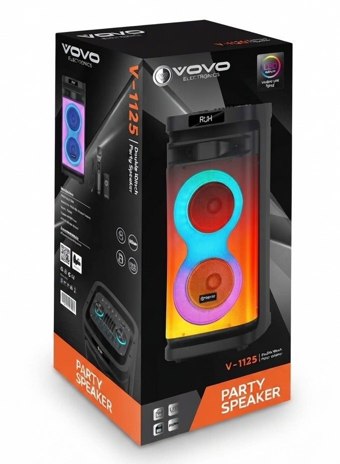 V-1125 Double 10-Inch Portable Bluetooth Party Speaker, 60W Powerful Sound, Dual Woofers, RGB LED Lights, Wireless Micro