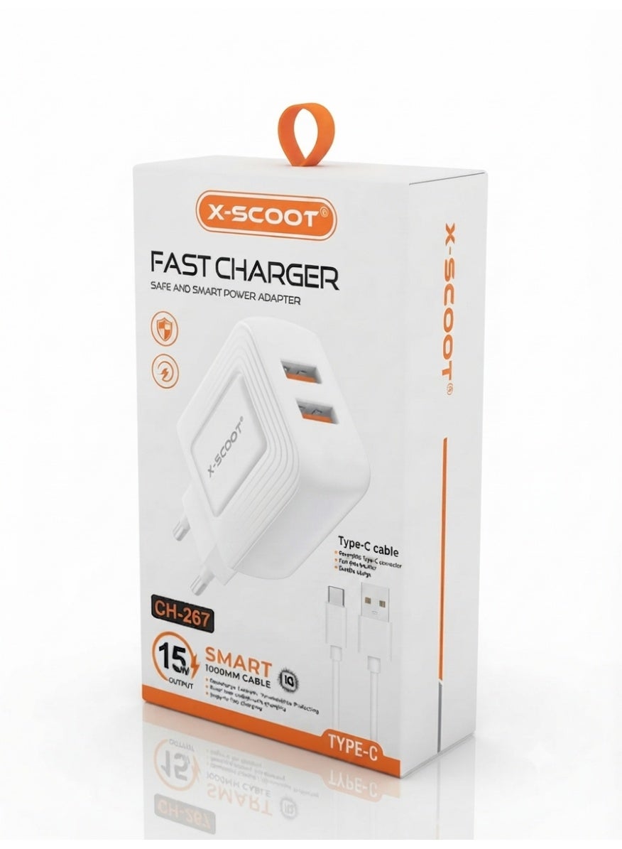 شاحن حائط X-SCOOT CH-267 15W كابل Type-C Smart IC أبيض