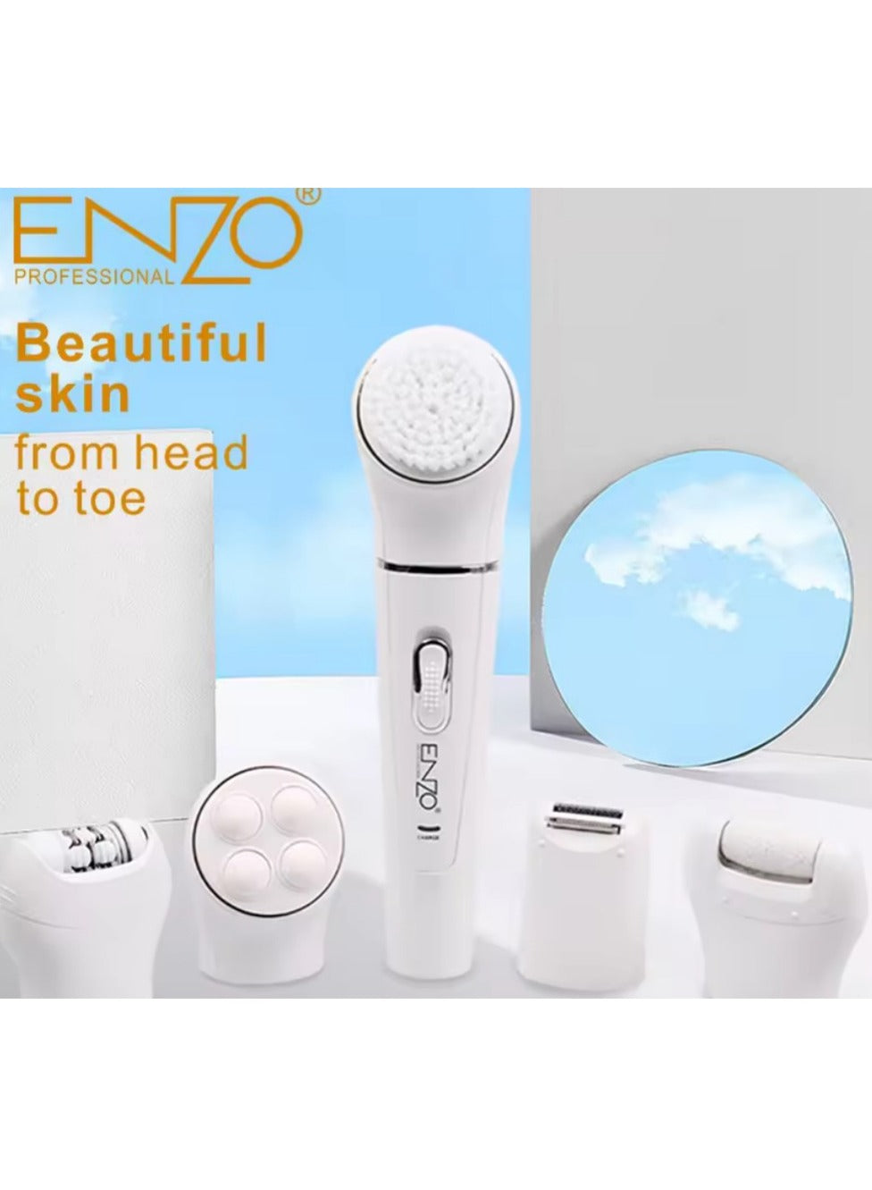 ENZO 5 in 1 painless hair removal device with a massager to relieve pain after hair removal. An easy and practical women's shaving machine that also contains a cleaning brush and a callus remover for soft and supple skin, model EN-0104.