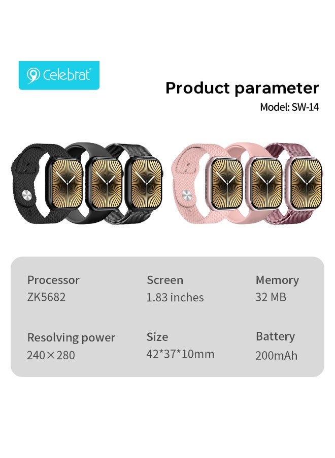 SW-14 Smart Watch with 1.83" HD Display, 3 Interchangeable Pink Watch Bands, Bluetooth Calling, Heart Rate & Sleep Monit