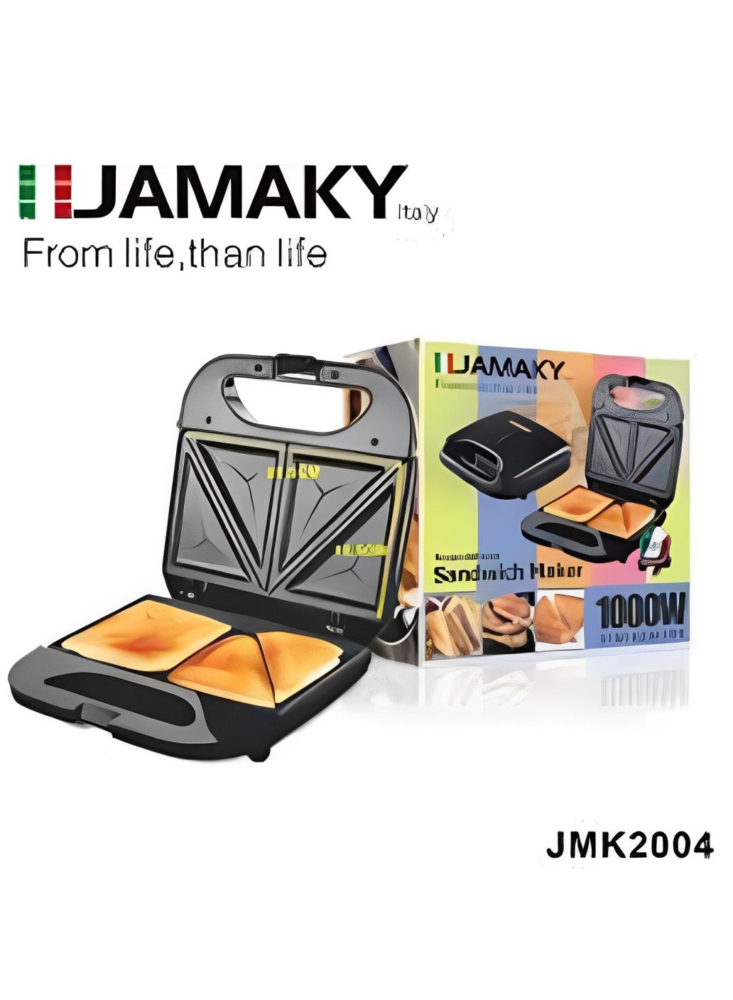 JAMAKY Italy Sandwich maker 1000 watts with Italian technology, black, practical for quick preparation in the kitchen, model JMK2004