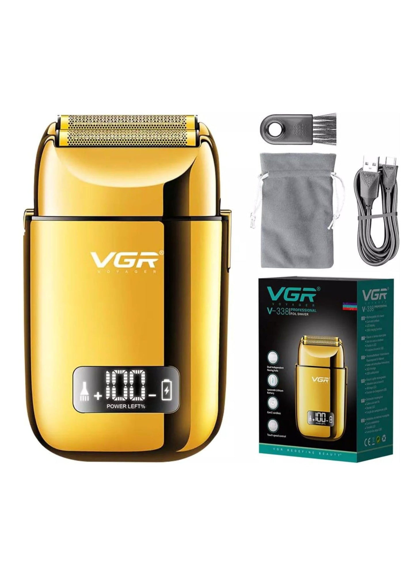 VGR Professional USB Rechargeable V-338 ,LED Display , Foil Shaver , Home Functional Reciprocating Shaver, Cleaning brush, Protection cap, USB charging cable, 3pc guide comb , 120 Minutes Operating Time