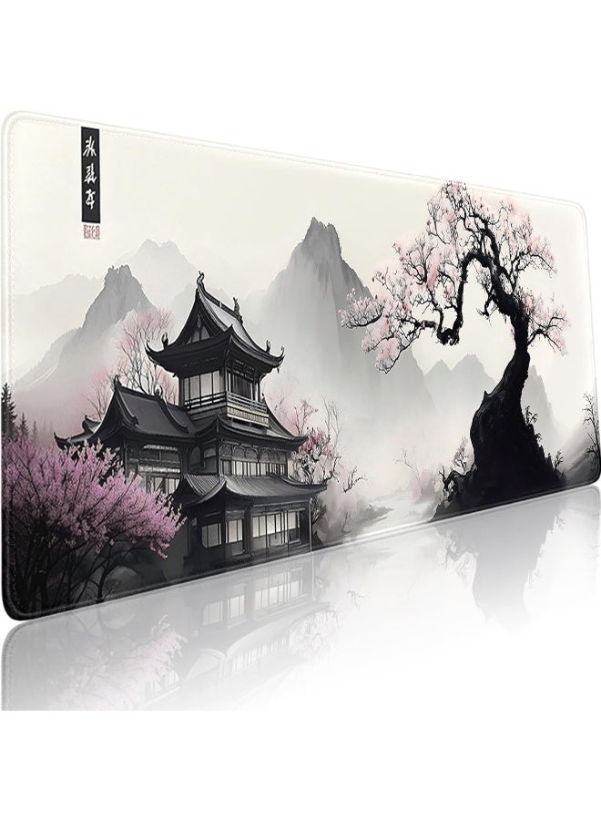 Japanes Watercolor Cherry Blossom Extended Gaming Mouse Pad with Stitched Edges 70×30cm XL Desk Mat for Gaming, Office, 