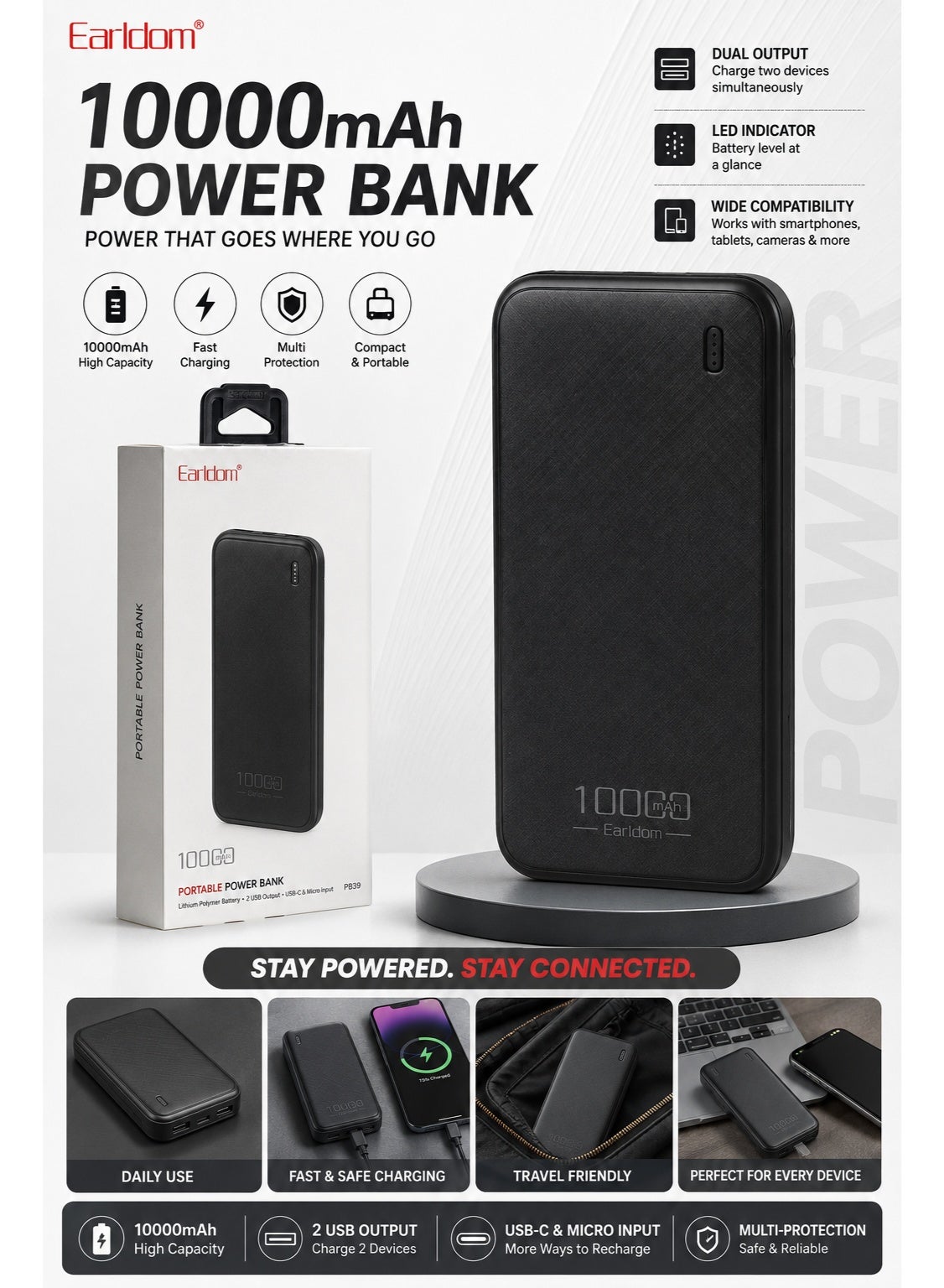 باور بانك Earldom ET-PB73 سعة 10000mAh مخرجين USB-A أسود