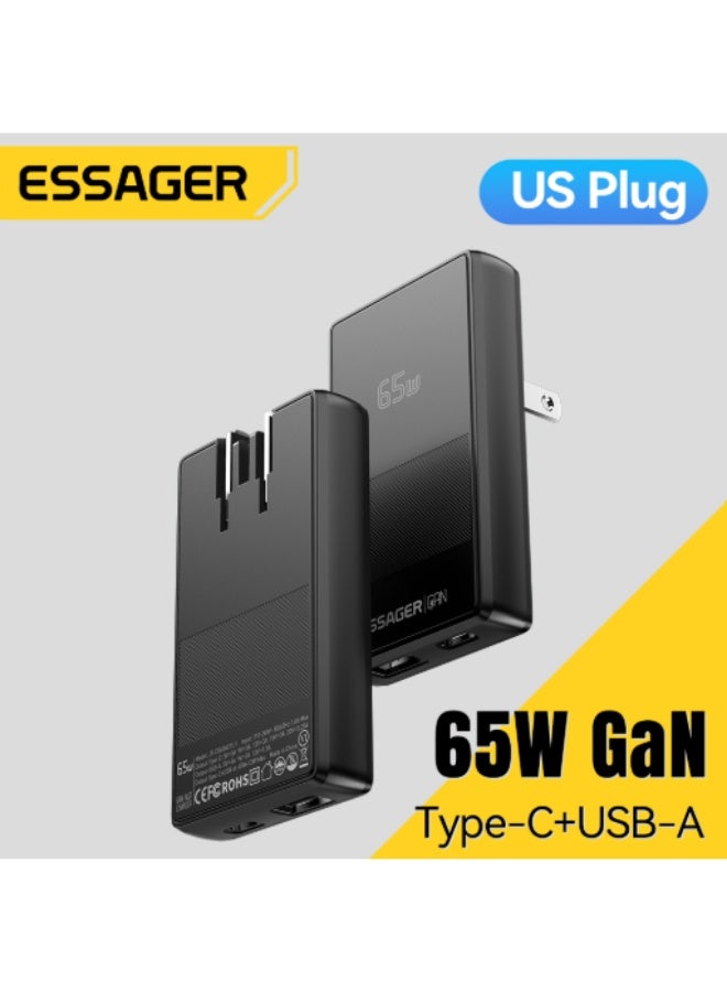 شاحن حائط ESSAGER JT-CG65AC1U1 GaN قوة 65W منفذين PD رفيع أسود