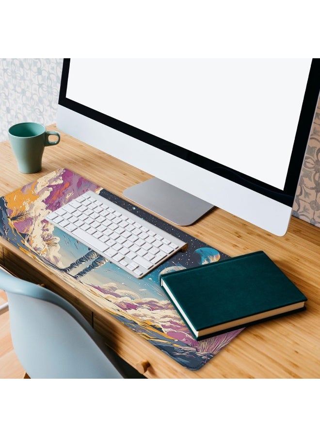 Astronaut Desk Pad Mouse Pad Psychedelic Space Fantasy Planet Extended Gaming Mouse Pad Mat with Stitched Edge Non-Slip 