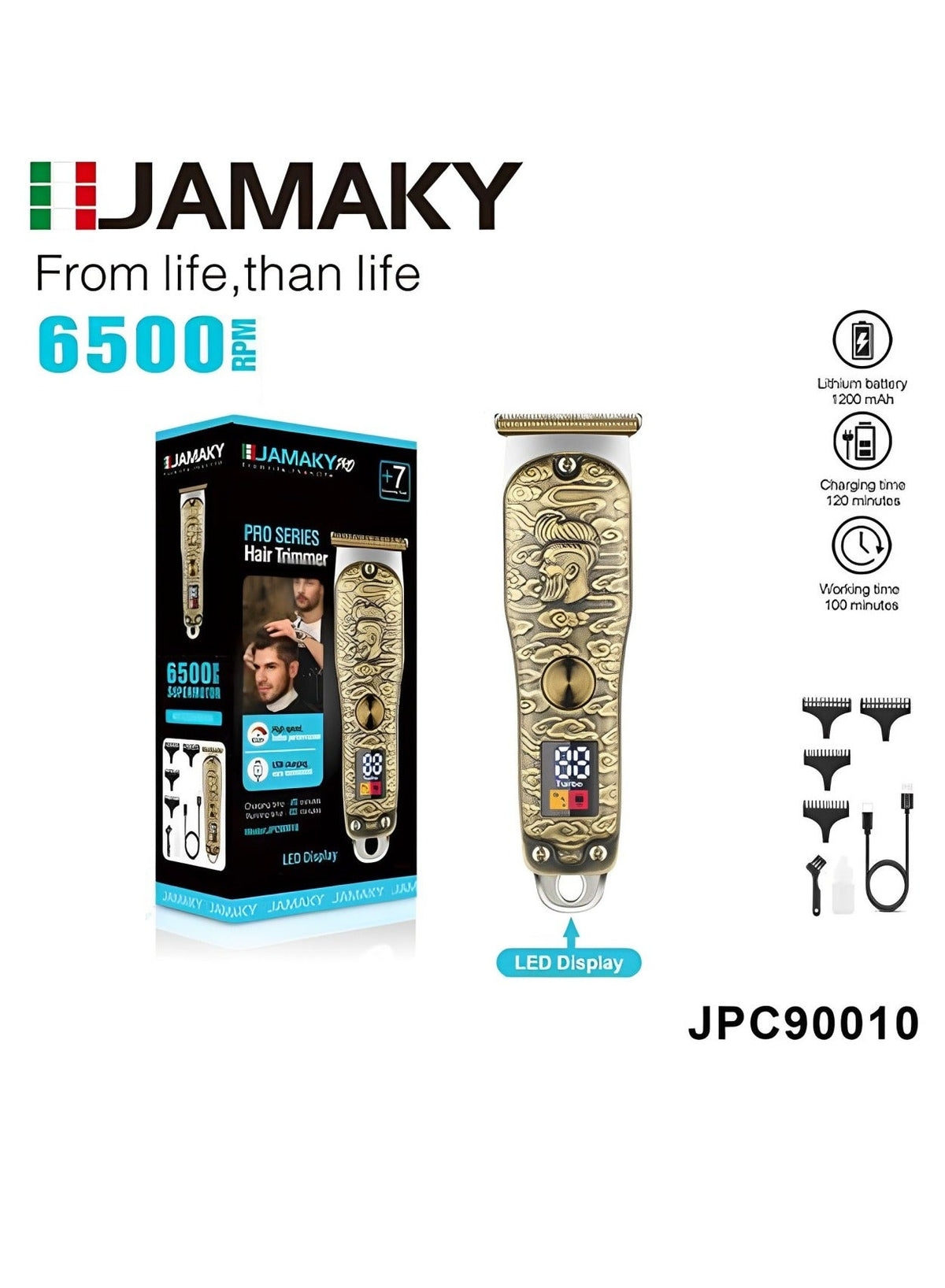 Professional Hair Trimmer 1200mah with Italian technology - 6 Accessories - Gold ( JPC90010 )