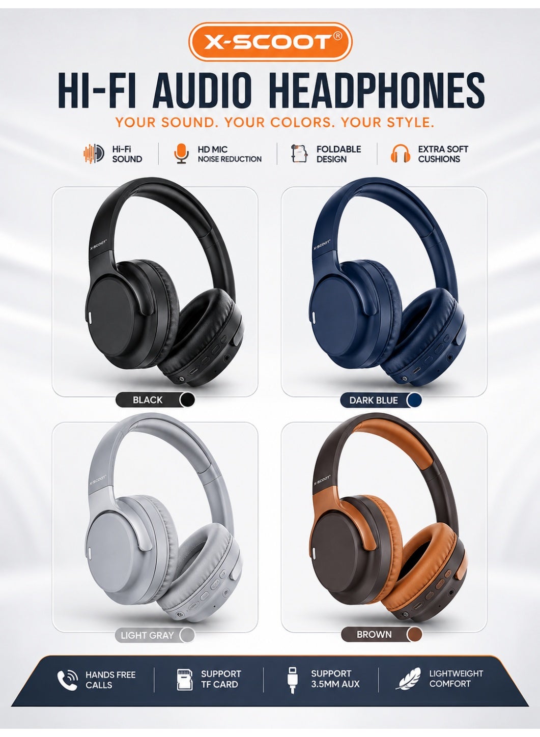 XS-659 Wireless Foldable Hi-Fi Bluetooth Headphones with HD Sound, Deep Bass, Noise Reduction Microphone, Soft Leather E