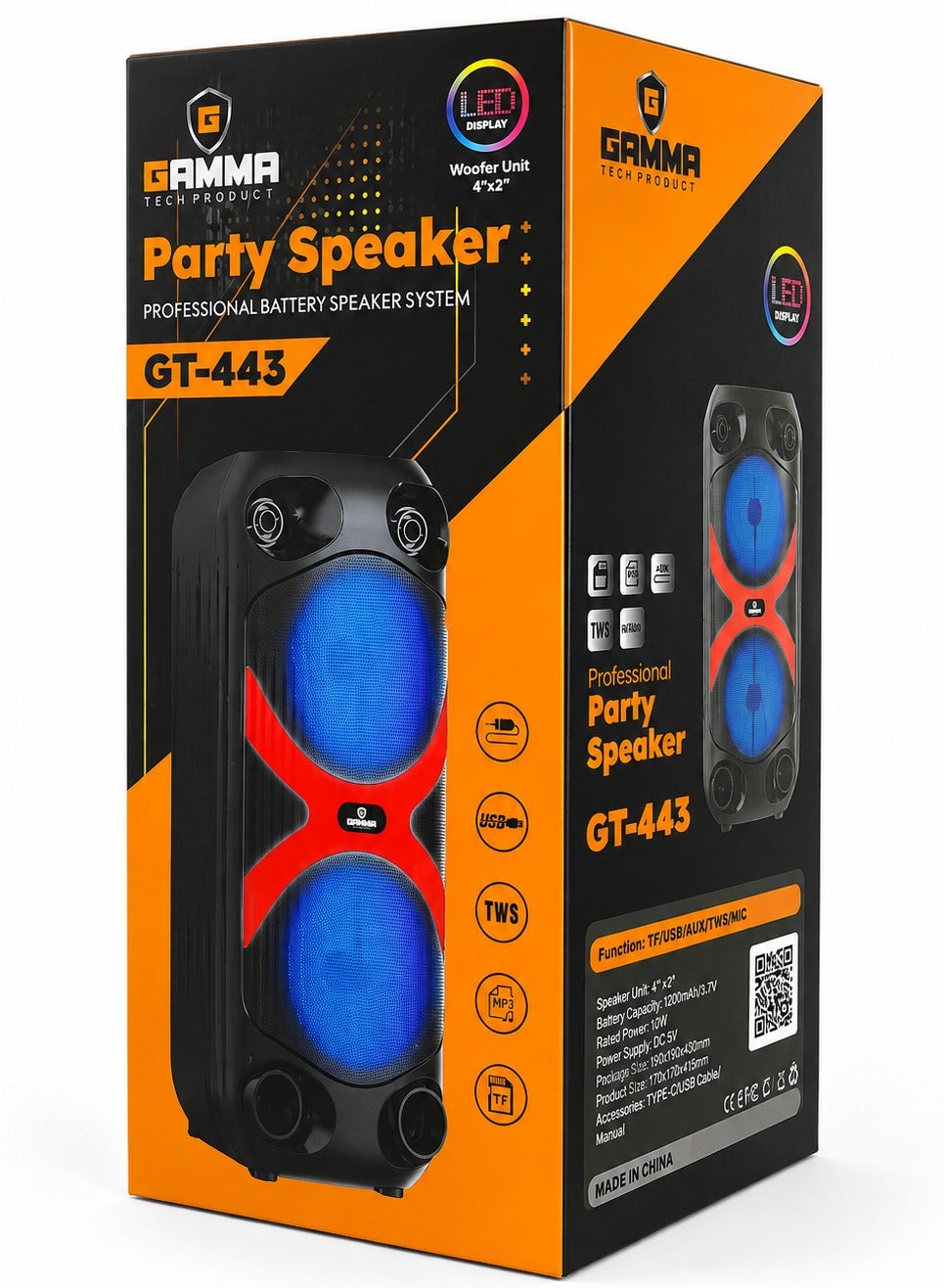 GT-443 Portable Bluetooth Speaker, Dual 4-Inch Wireless Party Speaker, 10W Powerful Sound, 1200mAh Rechargeable Battery,