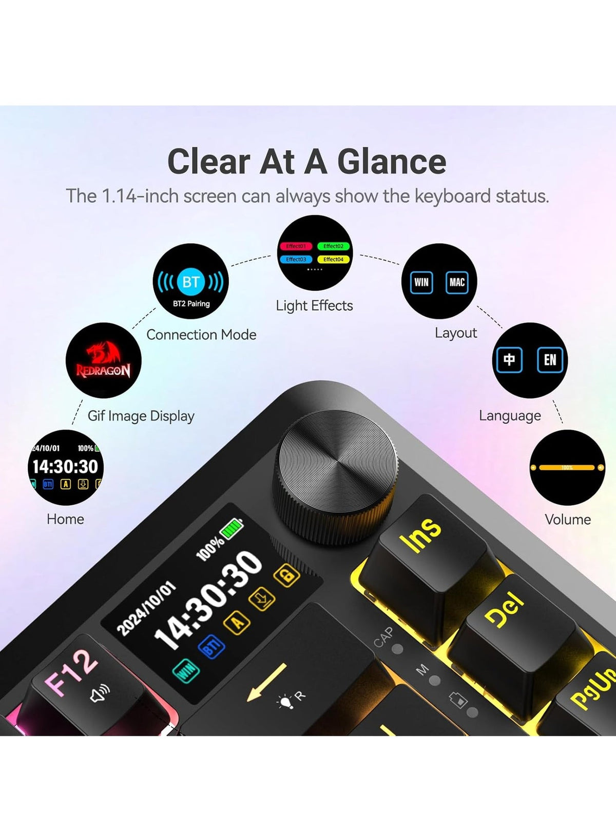 K708 Mechanical Keyboard , Tri-Modes Gaming Keyboard BT/2.4G/USB-C, Macro Programmable Mechanical Gaming Keyboard,LCD Sc