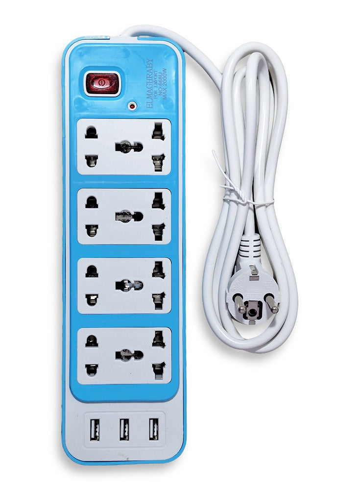 Electric Power strip - 2000 watt, 10 A/220-250V , with 4 Outlet , 1.5M cable , 3 Port USB and for Laptop, PC, MacBook , Home and Office Electrical appliances and Mobile charger