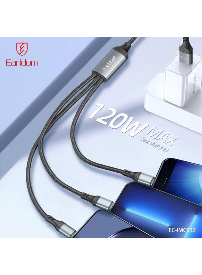 Earldom EC-IMC032 5-in-1 120W Fast Charging Cable with USB & USB-C Inputs, USB-C, Lightning & Micro USB Outputs, Metal B