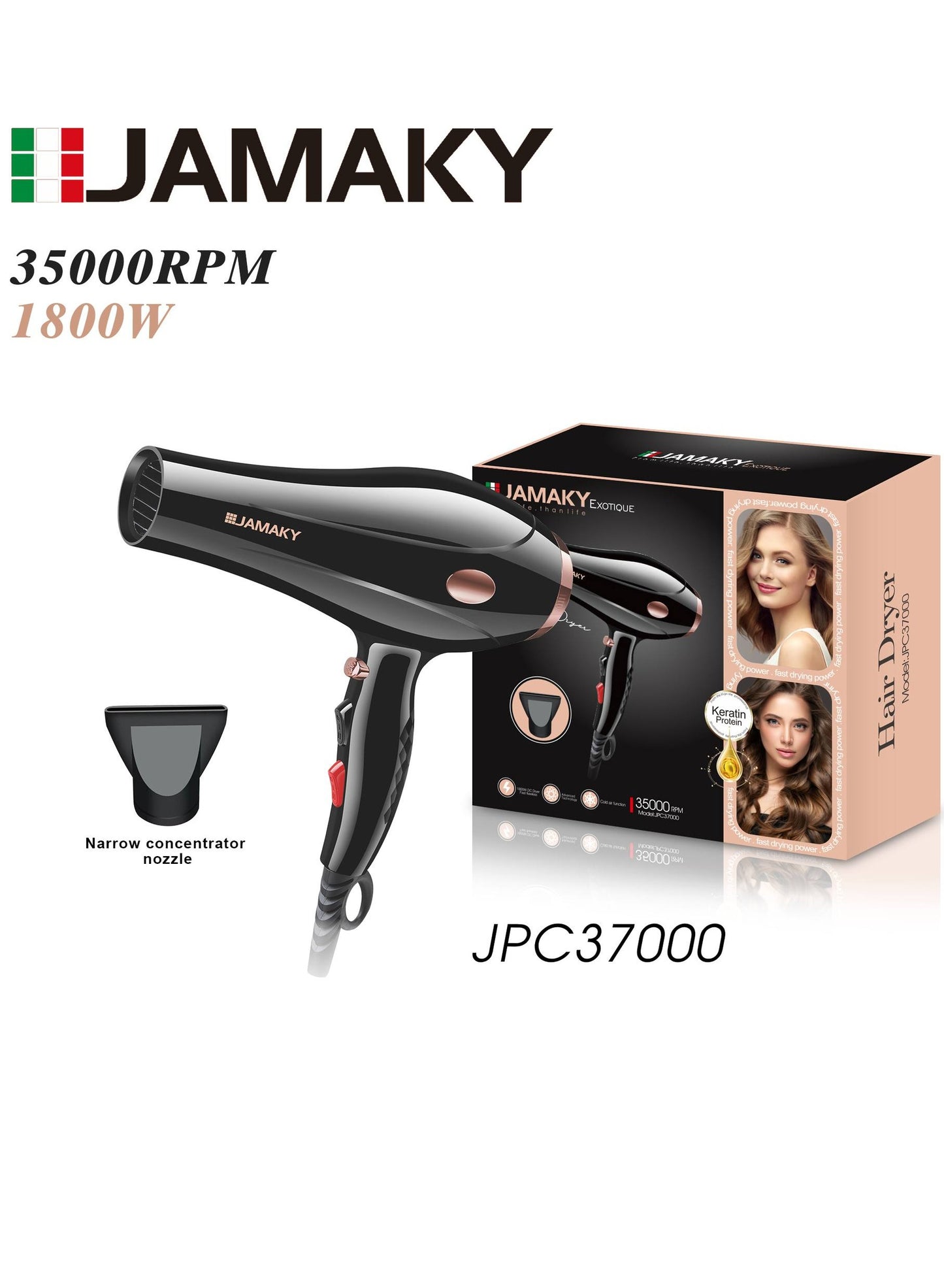 JAMAKY Italy Professional JPC37000 air Function Hair Dryer 2800W/ 2-Speed and 3 temperature setting with Italian technology / Cool shot button-locks in styles