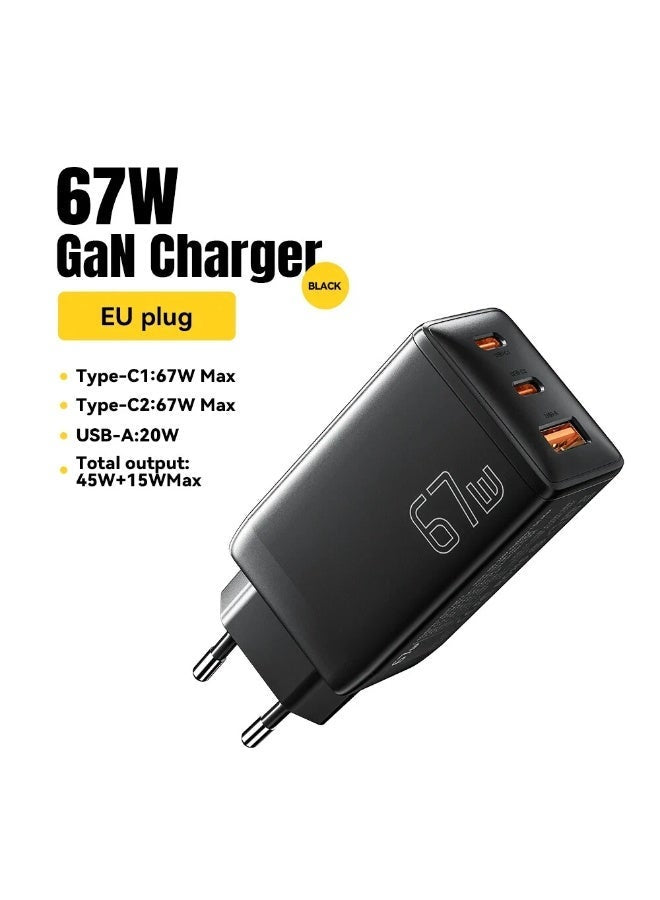 شاحن حائط ESSAGER G671A2CU GaN قوة 67W 3 منافذ QC4.0 أسود