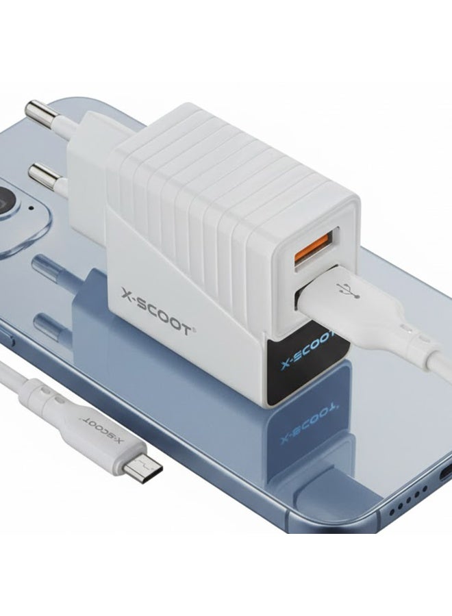 CH-232 LED Fast Charger 2.4A with Dual USB Ports, Included USB to Micro Cable, Fire-Resistant Build, and Advanced Curren