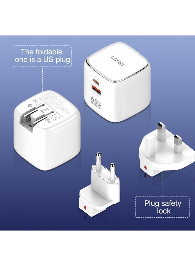 Q2617 Fast Wall Charger 65W with Dual Ports (USB-C & USB-A), PD & QC 3.0 Super Fast Charging, Foldable Plug Design, Incl