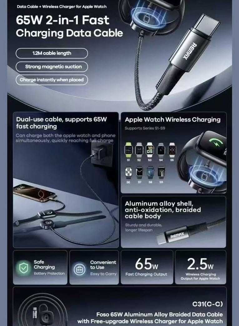 C30 2 in 1 Apple Watch Magnetic Wireless Charger with Lightning Charging Cable, 30W Fast Charging Cable for Apple Watch 