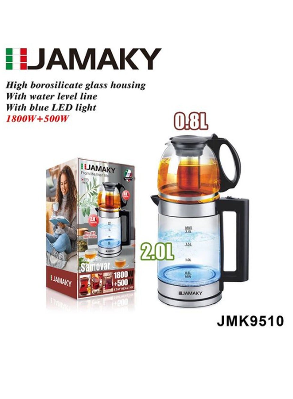 Electric Double kettle 0.8L+ 2L - High borosilicate glass housing 1800W + 500w ,  with Italian technology