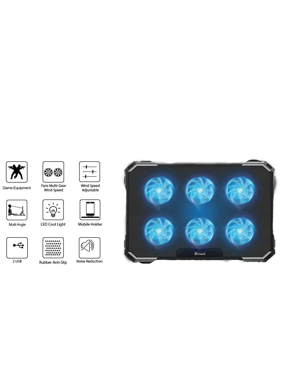 Standard Laptop Cooler Support ICE-06N With blue Led of fans - With rolling speeder , 2USB ports & 6 Levels ( 418*286*28 mm )