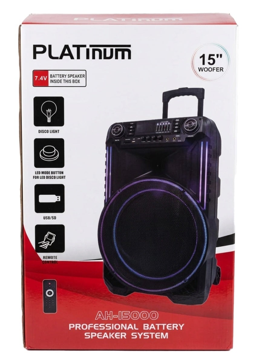 سبيكر حفلات Platinum AH-15000 مقاس 15 إنش قوة 40W RMS إضاءة ديسكو LED أسود