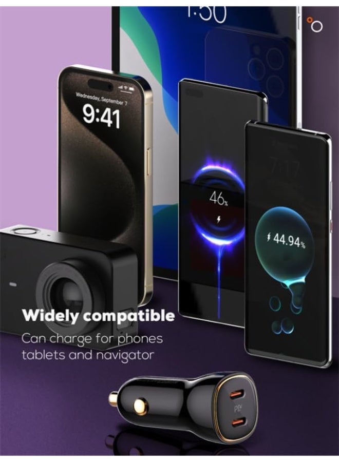 60W Dual Port Super Fast Car Charger with PD 30W USB-C and QC 30W USB-A Fast Charging, USB-C to USB-C Cable Included, Hi
