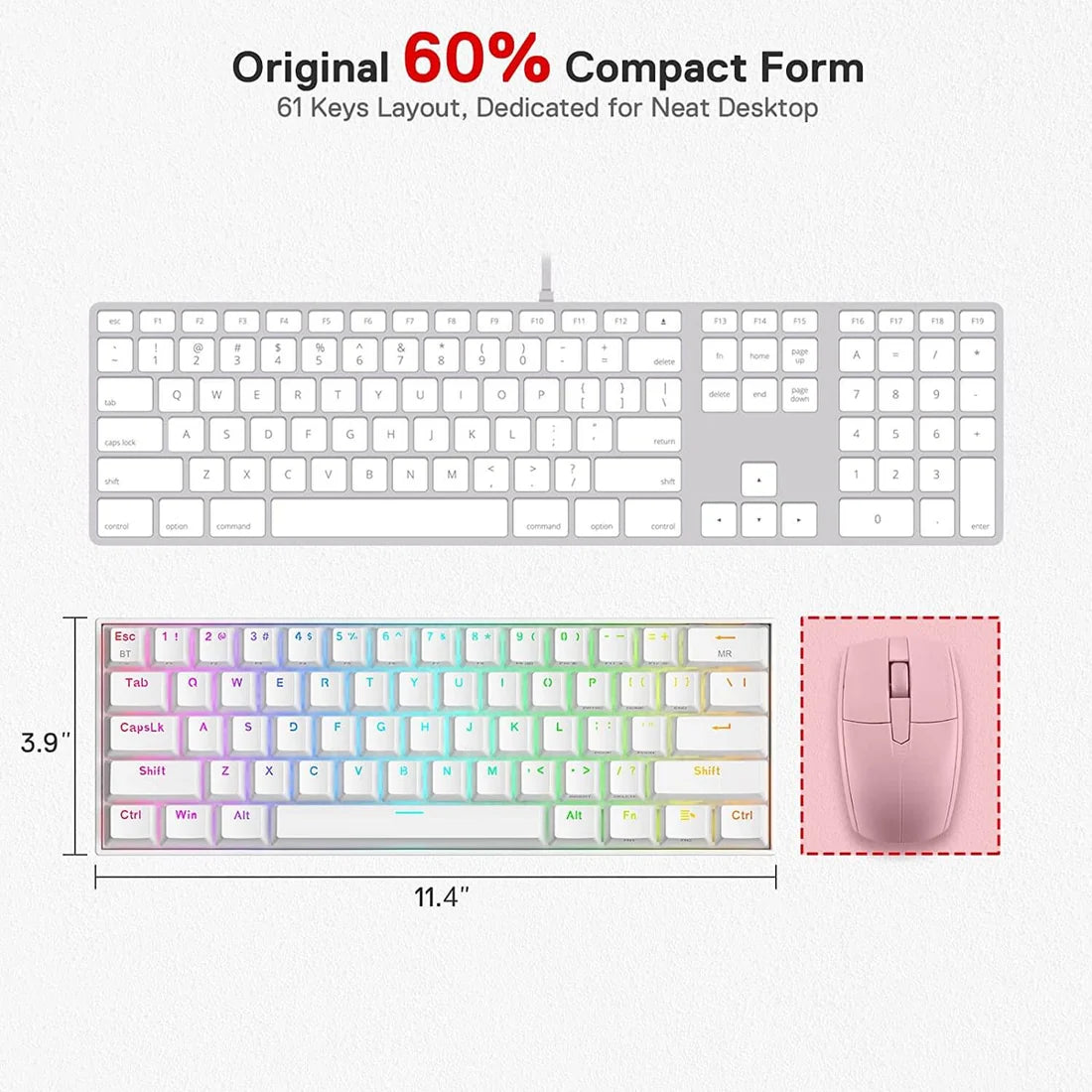 Redragon K530W RGB PRO 60% Wireless Mechanical Gaming Keyboard Red Switches White